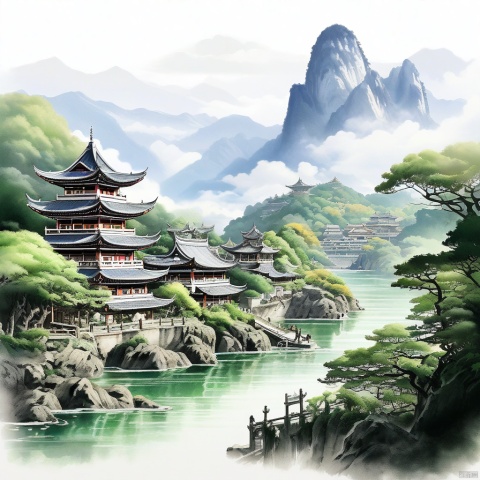  （8k, Best quality at best, high rise：1.1）chinese-ink painting, 
traditional Chinese architecture amidst a cityscape that
resembles a lush forest, all set against a litte mountainwith flowing water and meticulously detailed
elements.