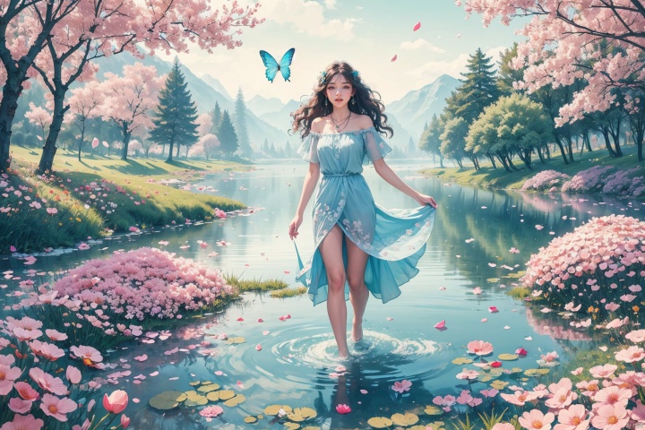  Children's picture book style,(full body:1.1),masterpiece,bestquality,8k,officialart,cinematiclight,ultrahighres,1girl,(wavy hair:1.1),drop earrings,necklace,shiny skin,look at view,((ink)),(water color),bloom effect,detailed beautiful grassland with petal,flower,butterfly,necklace,smile,petal,(((surrounded by heavy floating petal flow))),