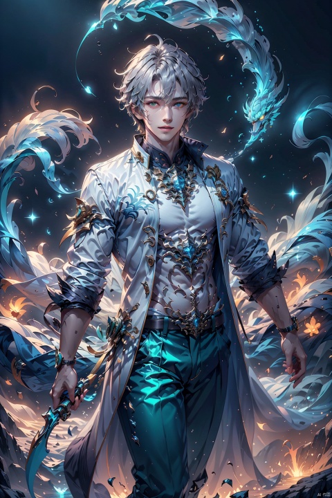 （Chinese dragon：1.28）, (masterpiece), (best quality),Science fiction, RGB, RTX, graphics card, graphics card fan, green fluorescent tube,Solid color background, 1 boy, over 20 years old, outgoing, sunny and handsome, Green pants, white jacket, Stand up collar jacket, (sci-fi style), Silver short hair, white belt, Green pupils, solo,