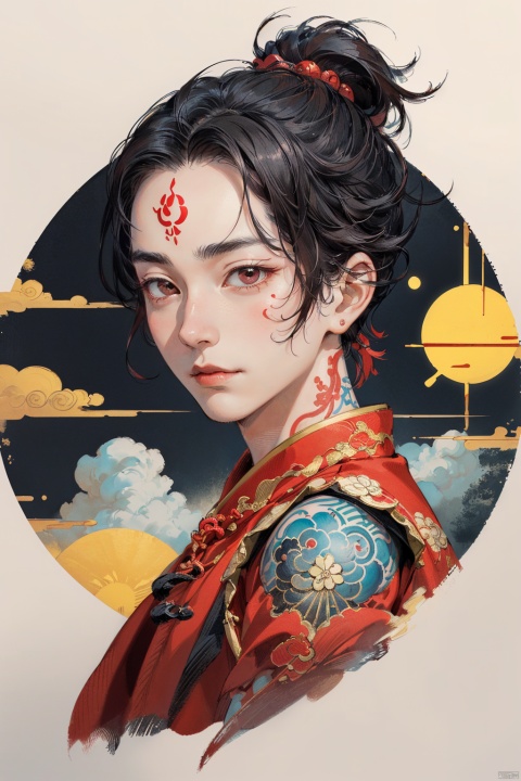  It is a traditional Chinese opera male portrait reimagined in a simplified geometric style, showing distinctive white spots on the nose and comedic expressions. (A Sunny Boy: 1.42), the male character is depicted in a minimalist style, avoiding red and concentrated, tattooed, cloud