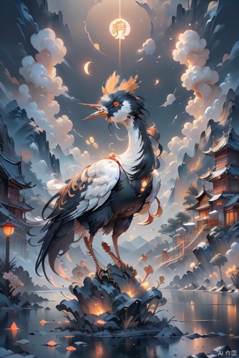  ,chinese,illustrations,1 Red-crowned crane,tree,,flower,Clouds, Sky, Mountains, scenery,no humans,chinese architecture, building, scenery,masterpiece,best quality,traditional,