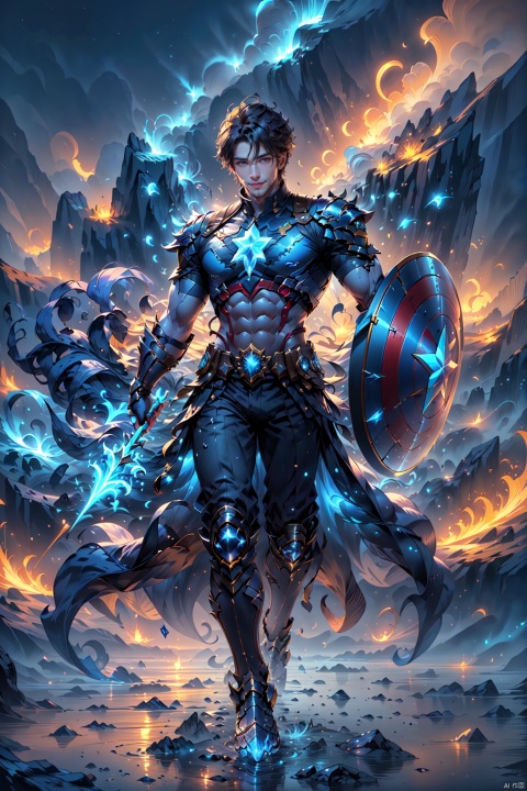  Hero characters in League of Legends - Captain America, holding a shield, handsome pose, Sunny Boy, perfect wechat, super perfect body ratio, International male model body, Marvel style, League of Legends, cinematic light and shadow, Ultra HD, super detail, epic action scenes, masterpieces, visual art