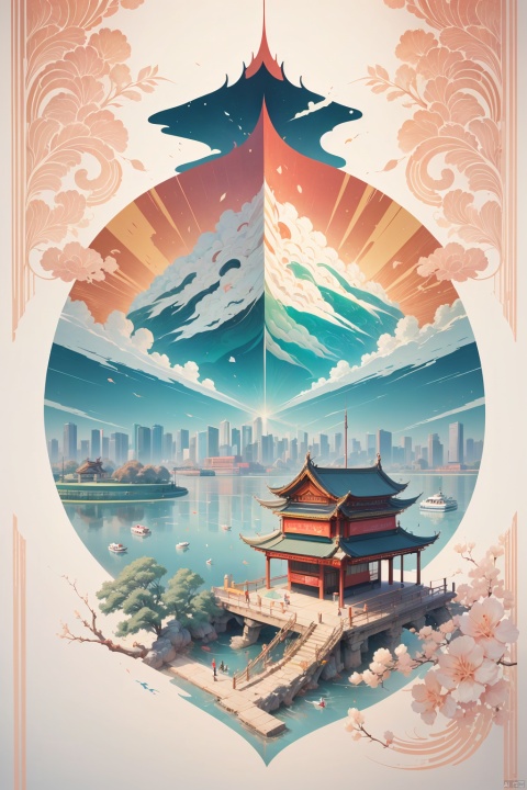  Vector illustration, Hangzhou city iconic, green and red colors, Hangzhou West Lake, inspired pattern lines of smart style, graphic design poster art, bold lines, smooth lines, classic patterns and themes, woodcut prints, detailed character design, white background