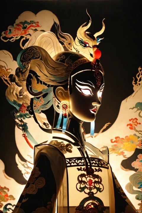 Shadow puppetry, Peking Opera Huadan, girl, bust, wearing mecha, Cyberpunk, Chen Jialing, black and gold tones, dazzling light and shadow,Oriental flat aesthetics