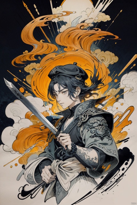  Ink style, Swordsman character, Wearing a hat., Freehand splash ink, Meticulous brush, Ancient style ink, Black and white are dominant, Orange yellow, Fighting action, impact force, Half-body, Extreme detail