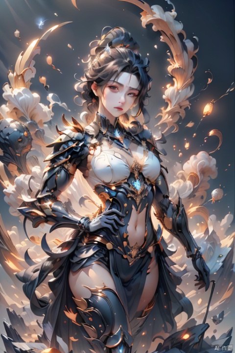  The game -Tower of Fantasy, the character -NEMESIS, (a half-human, half-mechanical beauty: 1.4), (wearing a black combat soft armor: 1.2), soft armor is inset with red, white, and gold decorations, both highlight her half-human, half-mechanical characteristics, but also give her a mysterious charm. Her long hair hung loose behind her, flowing gently, in stark contrast to the grim style of the outfit. There was a firmness in her eyes, as if she were ready to fight for justice whenever and wherever she could, cloud, tattoo, mask