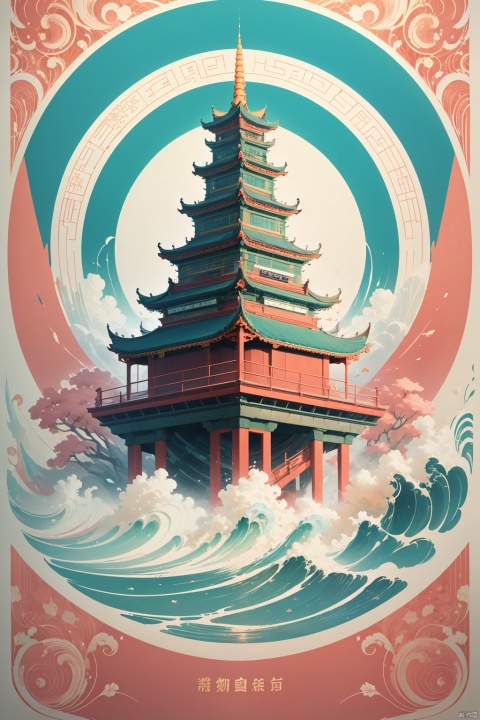  Vector illustration, Hangzhou city iconic, green and red colors, Hangzhou West Lake, inspired pattern lines of smart style, graphic design poster art, bold lines, smooth lines, classic patterns and themes, woodcut prints, detailed character design, white background