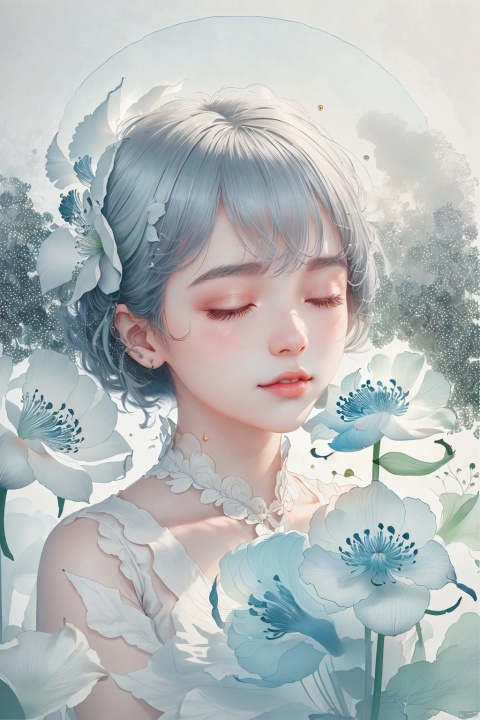 Kawacy style, glitter and diamond dust, light white and silver colors, closeup of a beautiful boy with closed eyes holding a lily flower in his hand, anime aesthetic style, detailed facial features, delicate brushwork, ethereal background, in the style of Artgerm and in the style of Atey Ghailan