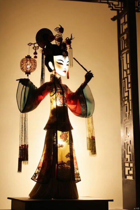 Shadow puppetry, Peking Opera Huadan, girl, bust, wearing mecha, Cyberpunk, Chen Jialing, black and gold tones, dazzling light and shadow