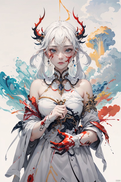  asterpiece, best quality, ultra high res, (extreme detailed), (1 beautiful girl), (abstract art:1.4), bleeding white, visually stunning, beautiful, evocative, emotional, ((white background)), white theme, goddess, cloud, mask
