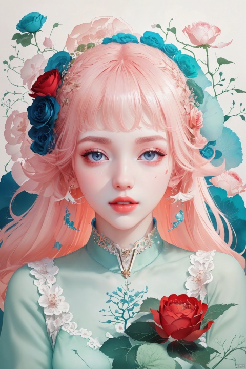 A beautiful girl with flowers in her hair, pink eyes and red lips, holding a rose to cover one of her eyes, with a strong oil painting style, ethereal and beautiful style, featuring James Jean and Ruan Jia's style of kawaii art aesthetics, film lighting, complex details and animation aesthetics For the feature. In the high-resolution close-up, she has gorgeous facial features in highly detailed illustrations as a portrait-style digital art