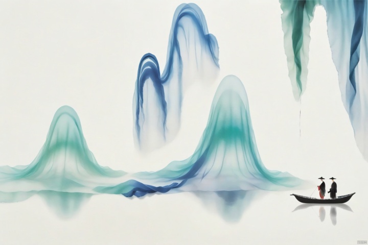 Chen Jialeng, ancient white, dynamic ink painting, tie-dye, X-ray, a leaf boat, translucent silk stacking, gauze curtain landscape stacking, light yarn, tulle, organza, film poster composition, story sense, dispersion gradient