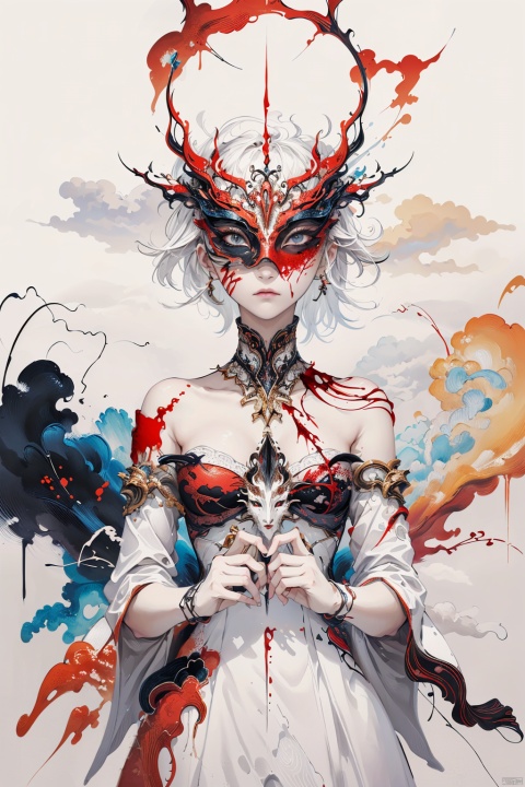  asterpiece, best quality, ultra high res, (extreme detailed), (1 beautiful girl), (abstract art:1.4), bleeding white, visually stunning, beautiful, evocative, emotional, ((white background)), white theme, goddess, cloud, mask