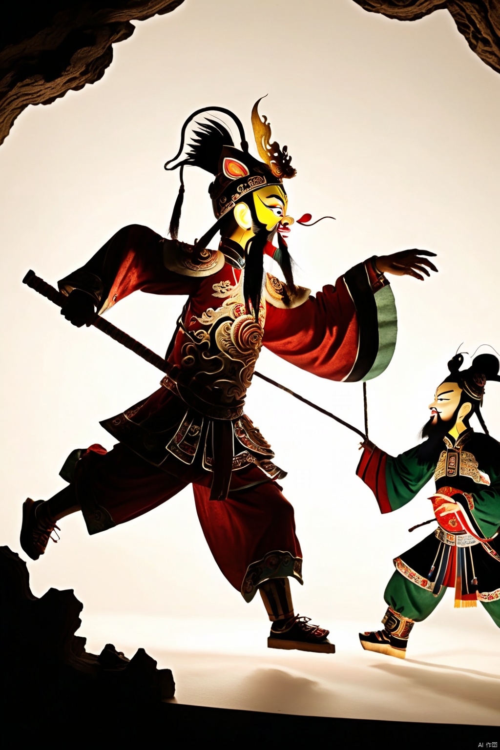 Chinese shadow puppets,Revived through artificial intelligenc,Two-dimensional world,Crafted storyline,Interactive experience with puppets,Iconic Chinese shadow figures like Sun Wukong and Guan Yu, there are different spatial anglesstudio lighting and 8K resolution post-processing photography . The use of Unreal Engine 5 creates stunning detail through CGI, SFX and VFX, delivering cinematic shadows and lighting effects