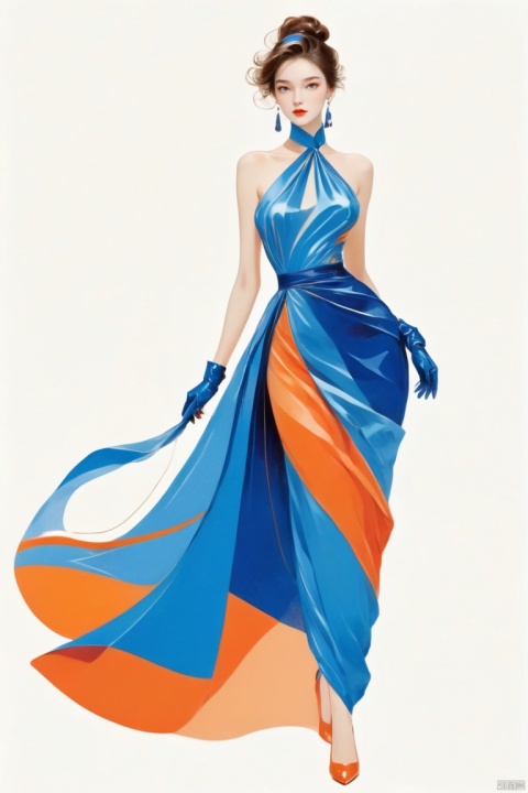  A beauty, in bold graphics, elegant lines, colorful costumes, electric blue and orange, stylish styles, stripes and shapes, chic illustrations, white background