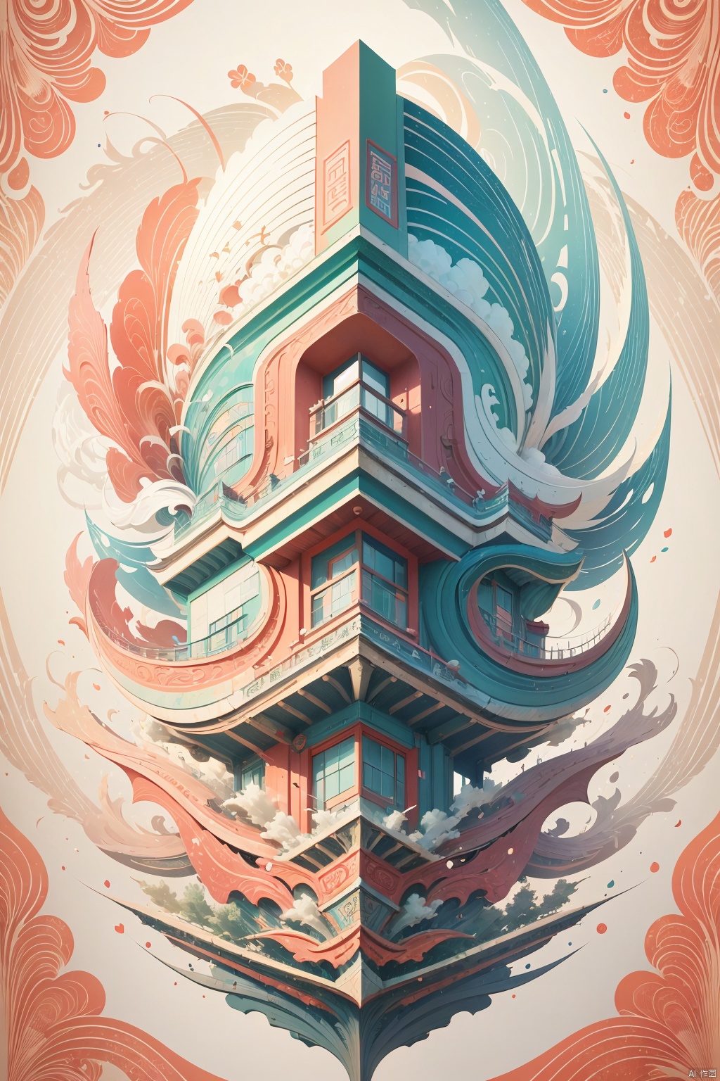  Vector illustration, Hangzhou city iconic, green and red colors, Hangzhou West Lake, inspired pattern lines of smart style, graphic design poster art, bold lines, smooth lines, classic patterns and themes, woodcut prints, detailed character design, white background