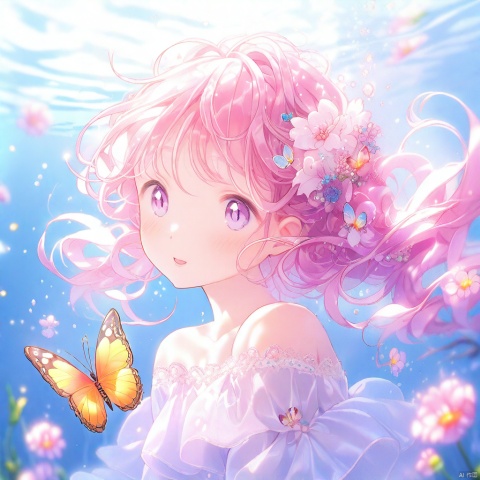  Underwater portrait,highres,high details,hyper quality, diffusion lighting, abstract, original,((back light:1.3)), looking at viewer,1girl, solo, cute, upper body, floating hair, pink curls, low twin braids, White webbed dress, dress with flower, Translucent long sleeves, big top sleeves, Butterfly ,light particles, detailed flower, detailed eyes, flower, (\shuang hua\)