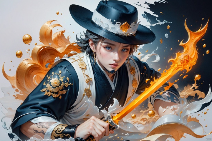 Ink style, Swordsman character, Wearing a hat., Freehand splash ink, Meticulous brush, Ancient style ink, Black and white are dominant, Orange yellow, Fighting action, impact force, Half-body, Extreme detail