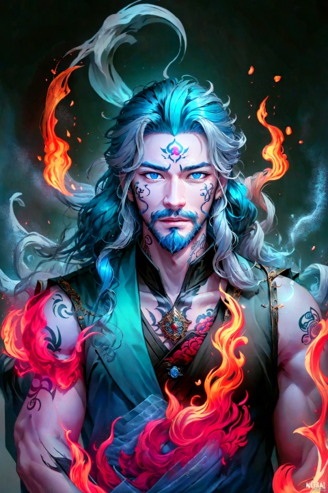  Tattoo, 1boy beard black background blue eyes fire blue hair curly hair facial hair fire glowing gray hair hitodama looking at viewer male focus manly no pupils old open mouth parody solo style parody teeth transparent background unzan wavy hair wrinkled skin, tattoo
