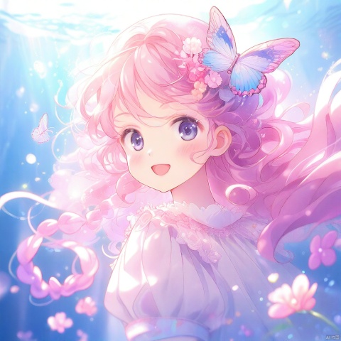  Underwater portrait,highres,high details,hyper quality, diffusion lighting, abstract, original,((back light:1.3)), looking at viewer,1girl, solo, cute, upper body, floating hair, pink curls, low twin braids, White webbed dress, dress with flower, Translucent long sleeves, big top sleeves, Butterfly ,light particles, detailed flower, detailed eyes, flower, (\shuang hua\)