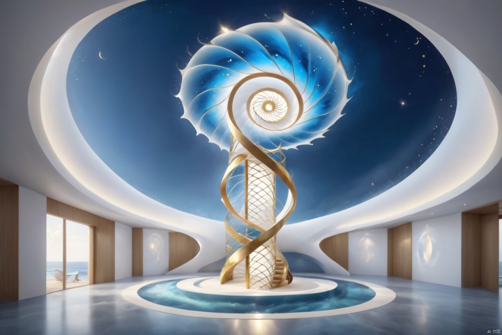  Magical in appearance and deep in the sea, the Spiral Tower is inspired by the golden Spiral, its form is elegant and dynamic. The tower adopts a spiraling structure, and each level follows strict mathematical proportions, presenting a perfect geometric form. The sun shines through the delicate window mullions on the spiral curved surface, creating a mysterious and charming atmosphere, 3D rendering, highly detailed, natural lighting, mathematical design art, stunning visual feast, epic visual art architecture, master works, mathematical design art, stunning visual feast, visual art architecture, master works,