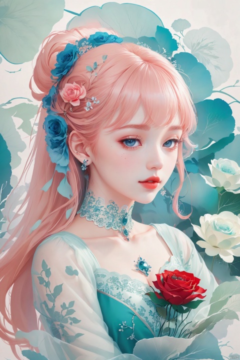 A beautiful girl with flowers in her hair, pink eyes and red lips, holding a rose to cover one of her eyes, with a strong oil painting style, ethereal and beautiful style, featuring James Jean and Ruan Jia's style of kawaii art aesthetics, film lighting, complex details and animation aesthetics For the feature. In the high-resolution close-up, she has gorgeous facial features in highly detailed illustrations as a portrait-style digital art