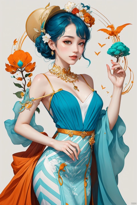  A beauty, in the style of bold graphic , elegant lines, colorful costumes, Electric blue and orange, fashionable flair, stripes and shapes, chic illustrations, mix of masculine and feminine elements , white background, Cliff Chiang
