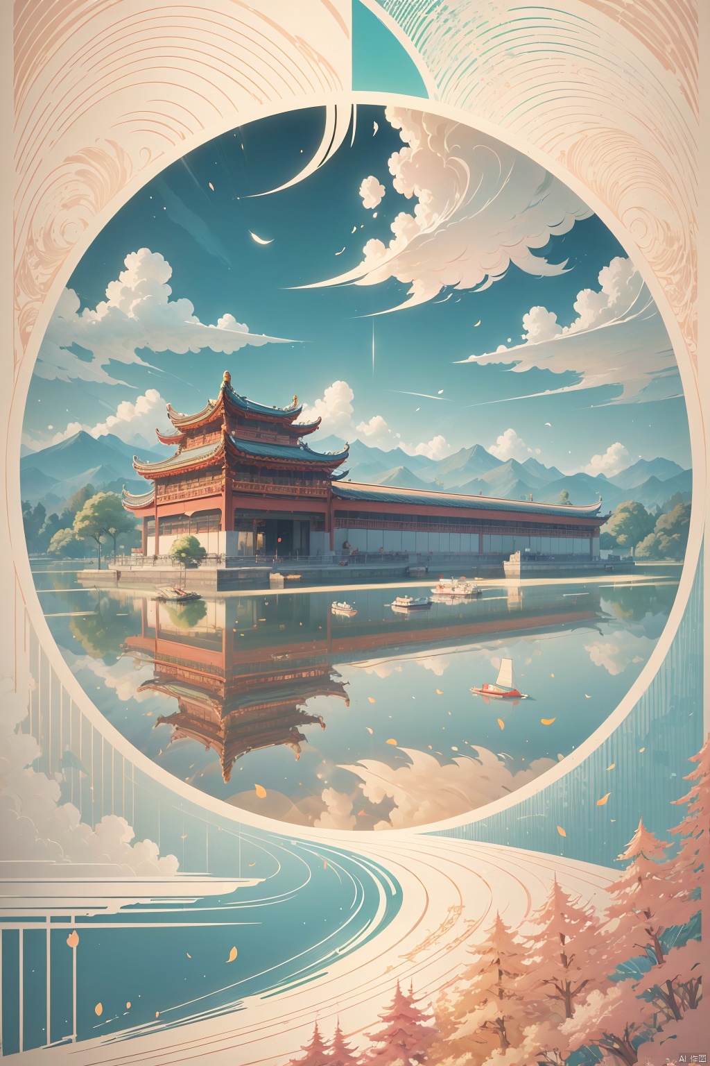  Vector illustration, Hangzhou city iconic, green and red colors, Hangzhou West Lake, inspired pattern lines of smart style, graphic design poster art, bold lines, smooth lines, classic patterns and themes, woodcut prints, detailed character design, white background