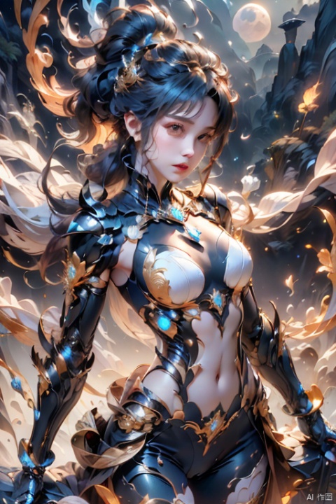  The game -Tower of Fantasy, the character -NEMESIS, (a half-human, half-mechanical beauty: 1.4), (wearing a black combat soft armor: 1.2), soft armor is inset with red, white, and gold decorations, both highlight her half-human, half-mechanical characteristics, but also give her a mysterious charm. Her long hair hung loose behind her, flowing gently, in stark contrast to the grim style of the outfit. There was a firmness in her eyes, as if she were ready to fight for justice whenever and wherever she could, cloud