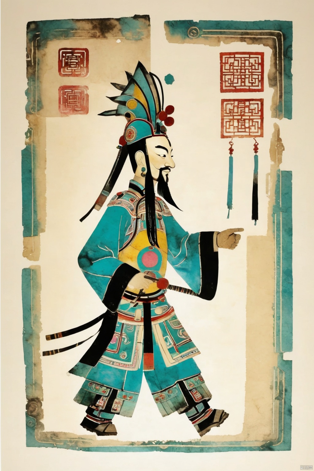 An image of ancient Chinese warrior figure composed of geometric shapes,Turquoise color combination, monotype, ink post stamp , dye-transfer, cartoon, white background
