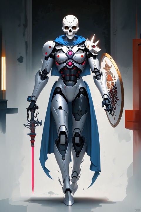  best quality
1boy
Biomimetic robots,Full body metal armor
Skull , Holding a sword in the left hand,Hold a shield with the right hand,Red Cloak
In the church
Science fiction art style
full body
Ambient light,, cyborg, robot, pink fantasy,abstract background, mechpp, mecha_robot