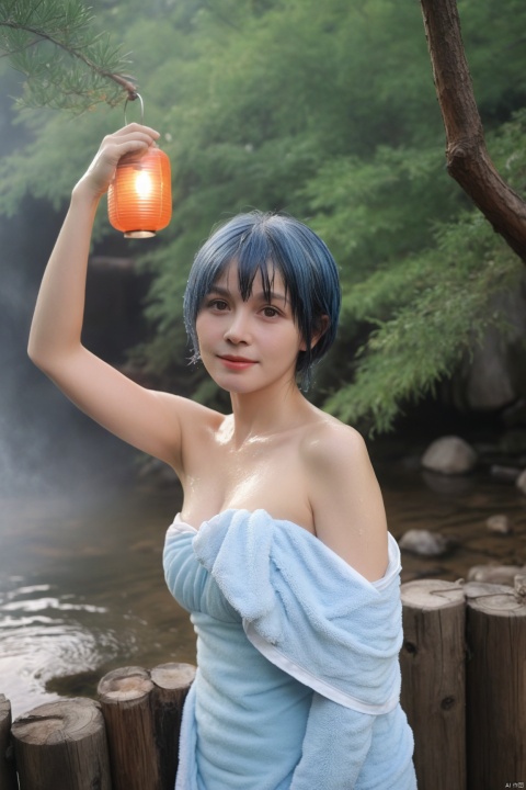  arien_hanfu,big_breasts,a 60yo lady,old woman, left and right different colors, onsen,  solo, towel, blue eyes, naked towel, steam, blue hair, blush, short hair, looking at viewer, bangs, wet, wading, outdoors, collarbone, hair between eyes, tree, water, cleavage, night, fence, standing, bare shoulders, rock, wet towel, large breasts, bare arms, wooden fence, dutch angle, covering mouth, medium breasts, hand up, cowboy shot, lantern, bare tree, ass visible through thighs
, color patches,contrast, swukong