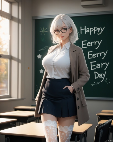  masterpiece, best quality, delicate face, pretty girl, coat,white shirt, skirt, white lace thighhighs, interior, teacher, classroom, chalkboard with word"happy erery day", smile, glasses, perfect figure, Slim figure,white hair, big breasts, chest tightness, backlight, first-class, low key,warm theme, bright and colorful tones, 3D, high resolution, 1 girl, gorgeously dressed, transparent,sweater,printlegwear,bokeh,刘诗诗
