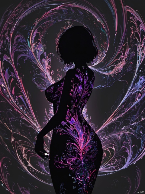  silhouette painting, ethereal ambiance,dark theme,a nude busty girl's Colorful silhouette,from_behind,simple_background,black background,Minimalist Photography,fractal art,
