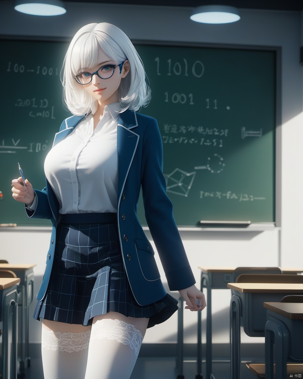  masterpiece, best quality, delicate face, cybernetic,pretty cyborg girl, coat,white shirt, skirt, white lace thighhighs, interior, teacher, classroom, chalkboard with word" 110011010111100111", smile, glasses, perfect figure, Slim figure,white hair, big breasts, chest tightness, backlight, first-class, low key,blue cold theme, bright and colorful tones, 3D, high resolution, 1 girl, gorgeously dressed, transparent,sweater,printlegwear,bokeh,刘诗诗