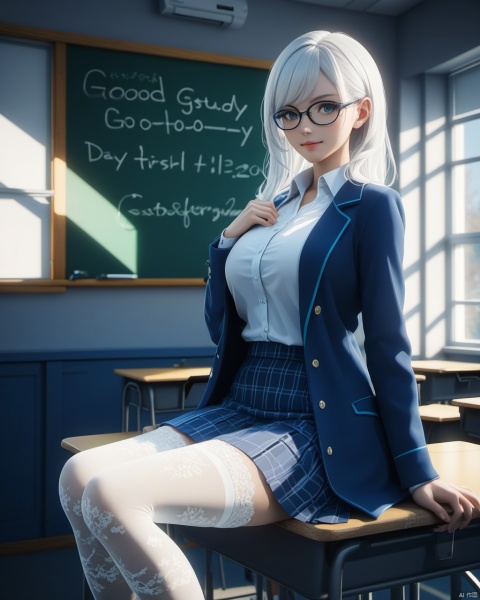  masterpiece, best quality, delicate face, pretty cyborg girl, coat,white shirt, skirt, white lace thighhighs, interior, teacher, classroom, chalkboard with word" good good study day day up", smile, glasses, perfect figure, Slim figure,white hair, big breasts, chest tightness, backlight, first-class, low key,blue cold theme, bright and colorful tones, 3D, high resolution, 1 girl, gorgeously dressed, transparent,sweater,printlegwear,bokeh,刘诗诗