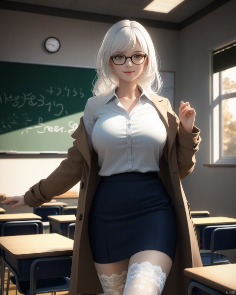  masterpiece, best quality, delicate face, pretty girl, coat,white shirt, skirt, white lace thighhighs, interior, teacher, classroom, chalkboard with word"happy erery day", smile, glasses, perfect figure, Slim figure,white hair, big breasts, chest tightness, backlight, first-class, low key,warm theme, bright and colorful tones, 3D, high resolution, 1 girl, gorgeously dressed, transparent,sweater,printlegwear,bokeh,刘诗诗