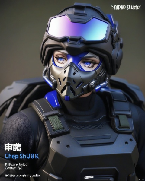 (UHQ, 8k, high resolution), Create a character design for a skilled military operative named Captain Steelhawk, Picture them in a tactical, dark-gray uniform with a concealed face behind a high-tech mask featuring piercing blue eyes