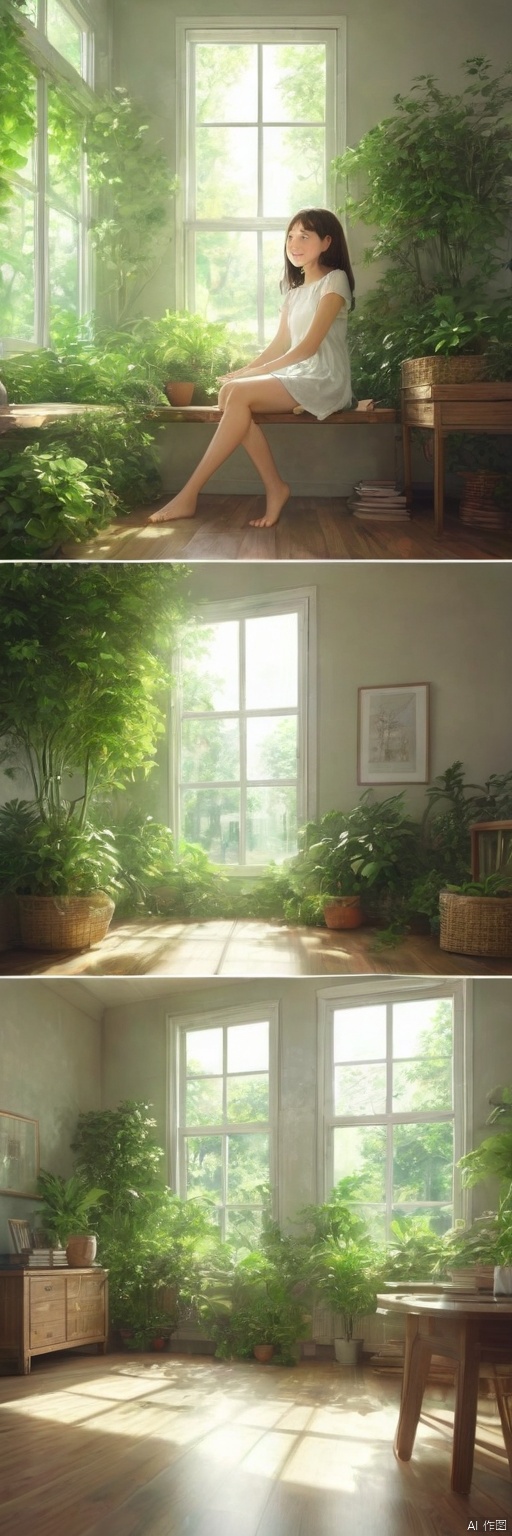 a girl sitting in the sunny room surrounded by lush plants, exuding vitality. Sunlight streamed through the glass windows, falling onto the wooden furniture, creating a warm and cozy atmosphere. She gazed calmly out the window, a peaceful and joyful smile playing on her face., from below,