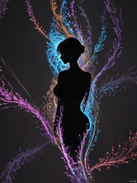  silhouette painting, ethereal ambiance,dark theme,a nude busty girl's Colorful silhouette,from_behind,simple_background,black background,Minimalist Photography,fractal art,nsfw
