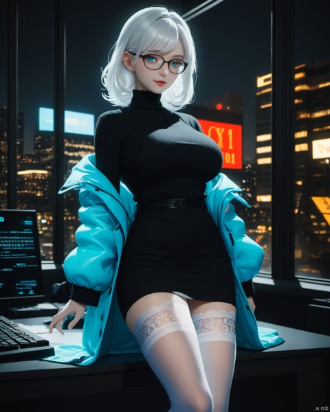  masterpiece, best quality, dark night,black night,dark theme,delicate face, nionpunk,pretty cyborg girl, coat,white shirt, skirt, white lace thighhighs, interior, teacher, city night, neon with word" 110011010111100111", smile, glasses, perfect figure, Slim figure,white hair, big breasts, chest tightness, backlight,  low key,blue cold theme, bright and colorful tones, 3D, high resolution, 1 girl, gorgeously dressed, transparent,sweater,printlegwear,bokeh,刘诗诗
