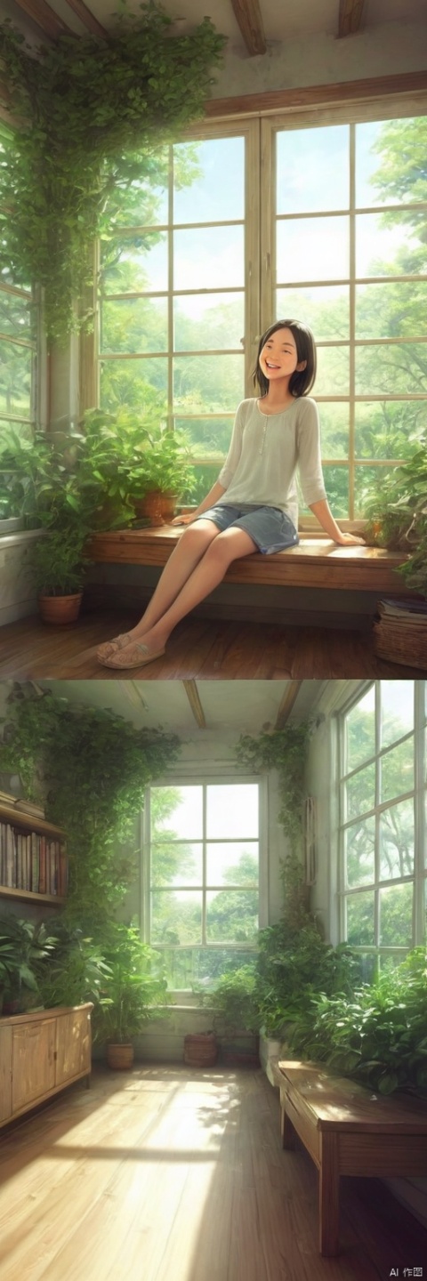 comic,a girl sitting in the sunny room looking at outside, surrounded by lush plants, exuding vitality. Sunlight streamed through the glass windows, falling onto the wooden furniture, creating a warm and cozy atmosphere. She gazed calmly out the window, a peaceful and joyful smile playing on her face, from below,from_behind ,warm theme