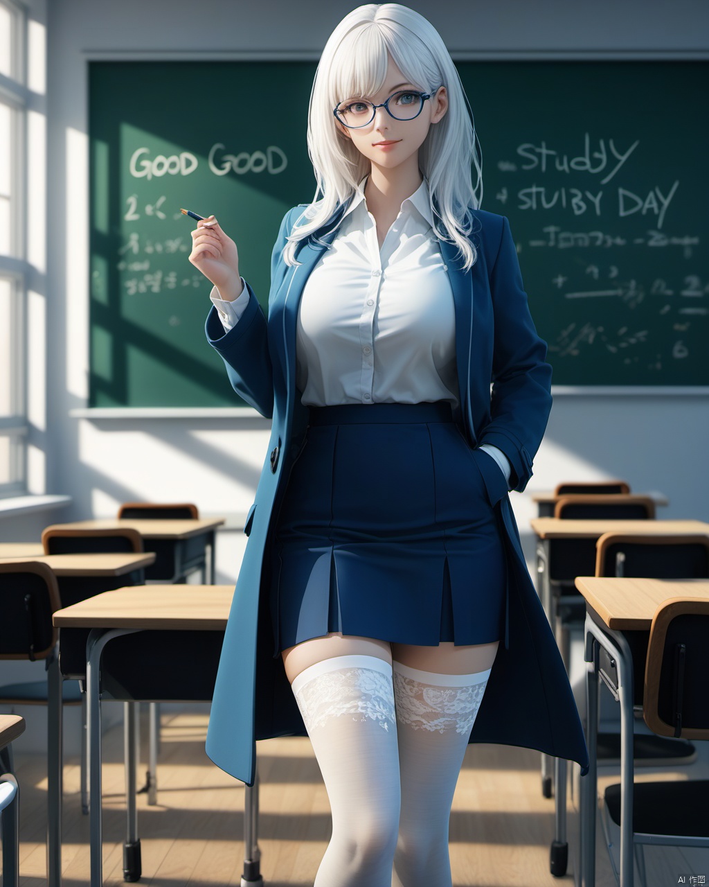  masterpiece, best quality, delicate face, pretty cyborg girl, coat,white shirt, skirt, white lace thighhighs, interior, teacher, classroom, chalkboard with word" good good study day day up", smile, glasses, perfect figure, Slim figure,white hair, big breasts, chest tightness, backlight, first-class, low key,blue cold theme, bright and colorful tones, 3D, high resolution, 1 girl, gorgeously dressed, transparent,sweater,printlegwear,bokeh,刘诗诗