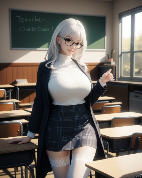  masterpiece, best quality, delicate face, pretty girl, coat,white shirt, skirt, white lace thighhighs, interior, teacher, classroom, chalkboard with word" smile ^-^", smile, glasses, perfect figure, Slim figure,white hair, big breasts, chest tightness, backlight, first-class, low key,warm theme, bright and colorful tones, 3D, high resolution, 1 girl, gorgeously dressed, transparent,sweater,printlegwear,bokeh,刘诗诗