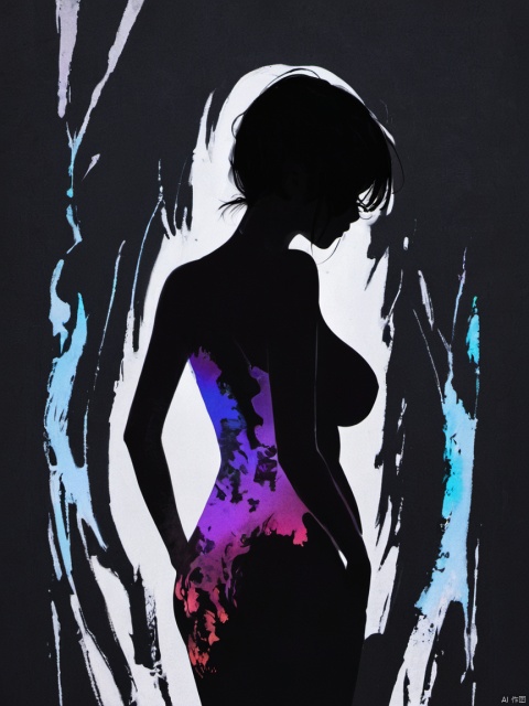  silhouette painting, ethereal ambiance,dark theme,a nude busty girl's Colorful silhouette,from_behind,simple_background,black background,Minimalist Photography,nsfw

