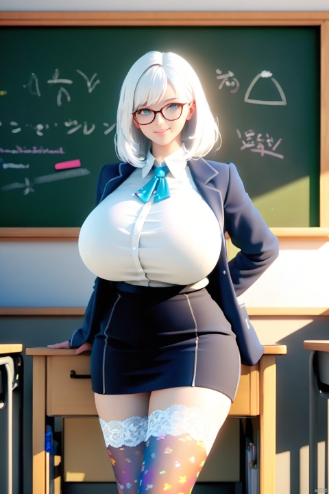  masterpiece, best quality, delicate face, pretty girl, coat,white shirt, skirt, white lace thighhighs, interior, teacher, classroom, chalkboard, smile, glasses, perfect figure, Slim figure,white hair, big breasts, huge breasts, chest tightness, backlight,  first-class, highlights, bright and colorful tones, 3D, high resolution, 1 girl, gorgeously dressed, transparent,sweater,print legwear