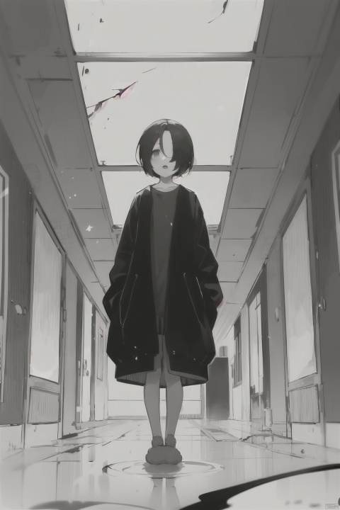  1girl, shirasaka koume, solo, best quality, detailed, from below, full body, looking at viewer, standing, looking down, open mouth, hair over one eye, short hair, oversized clothes, long sleeves, sleeves past fingers, perspective, ceiling, greyscale, indoors, slippers, crack, puddle
