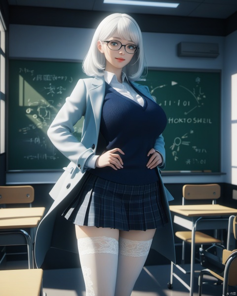  masterpiece, best quality, delicate face, cybernetic,pretty cyborg girl, coat,white shirt, skirt, white lace thighhighs, interior, teacher, classroom, chalkboard with word" 110011010111100111", smile, glasses, perfect figure, Slim figure,white hair, big breasts, chest tightness, backlight, first-class, low key,blue cold theme, bright and colorful tones, 3D, high resolution, 1 girl, gorgeously dressed, transparent,sweater,printlegwear,bokeh,刘诗诗