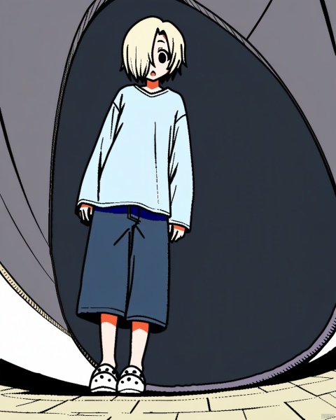  1girl, shirasaka koume, solo, best quality, detailed, from below, full body, looking at viewer, standing, looking down, open mouth, hair over one eye, short hair, oversized clothes, long sleeves, sleeves past fingers, perspective, ceiling, indoors, slippers, crack, puddle