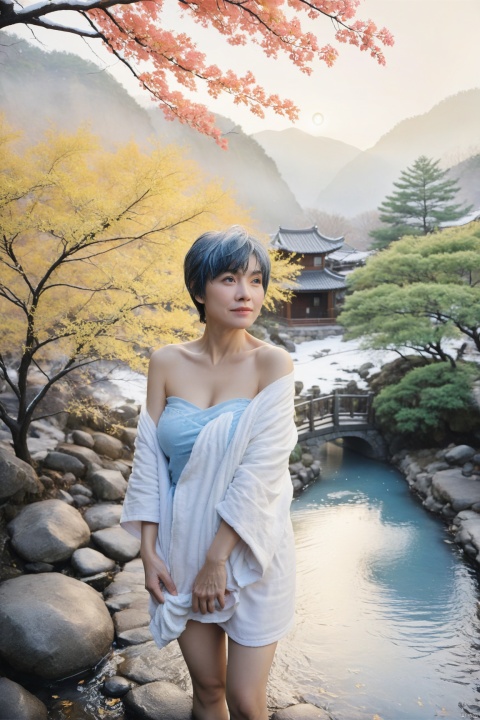  arien_hanfu,big_breasts,a 60yo lady,old woman, left and right different colors, onsen,  solo, towel, blue eyes, naked towel, steam, blue hair, blush, short hair, looking at viewer, bangs, wet, wading, outdoors, collarbone, hair between eyes, tree, water, cleavage, night, fence, standing, bare shoulders, rock, wet towel, bare arms, wooden fence, dutch angle, covering mouth, lantern, bare tree, ass visible through thighs
, color patches,contrast, swukong,雪景